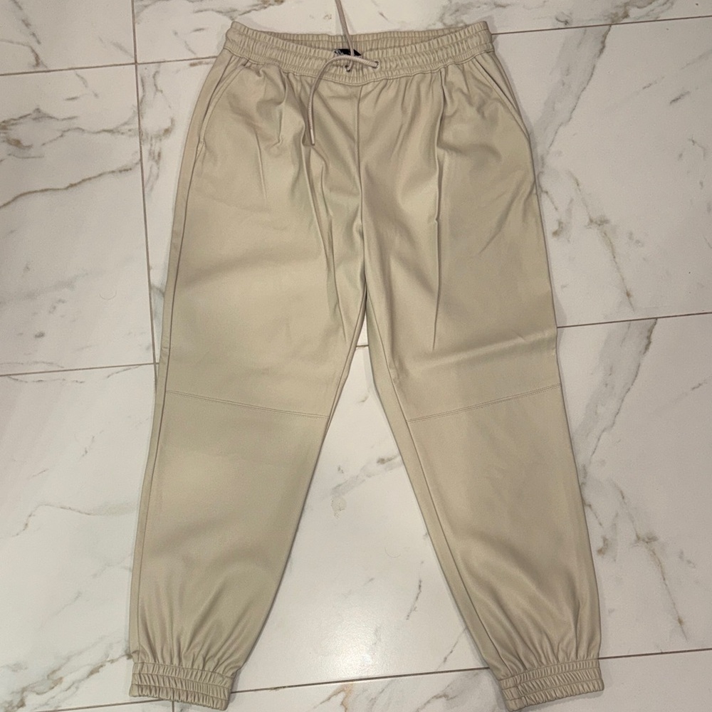 Beige Jogger Pants faux leather